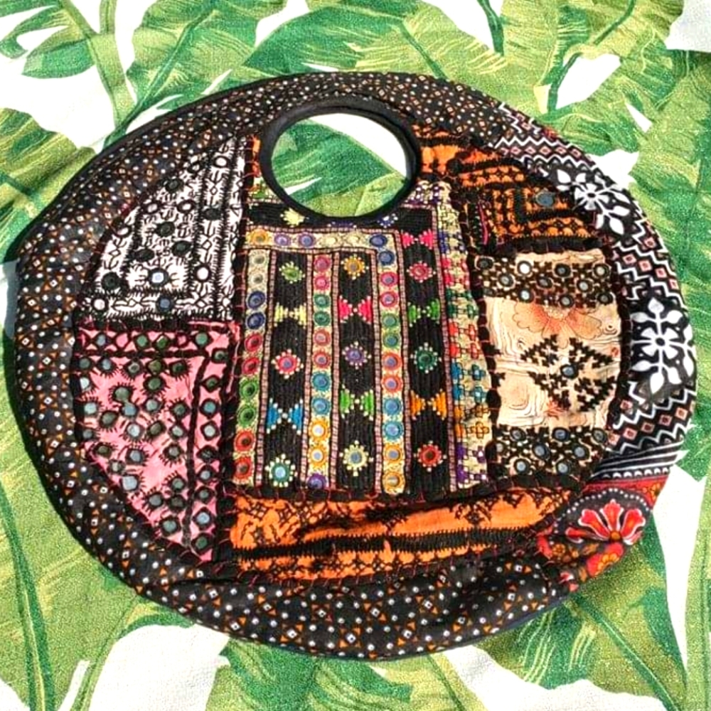 Unique Round Boho Bohemian Tibetan Hippie Style Embroidered Patchwork Purse Bag
